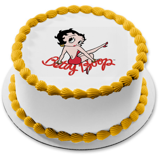 Betty Boop vestido rojo pendientes de aro pelo negro adorno comestible para tarta imagen ABPID09107 