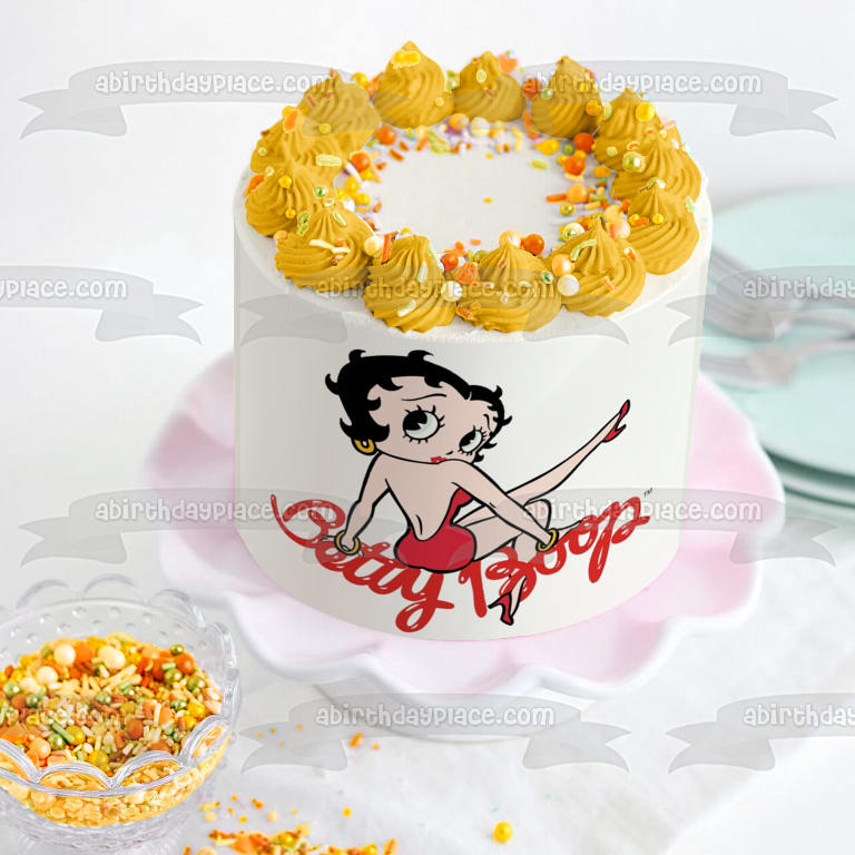 Betty Boop vestido rojo pendientes de aro pelo negro adorno comestible para tarta imagen ABPID09107 