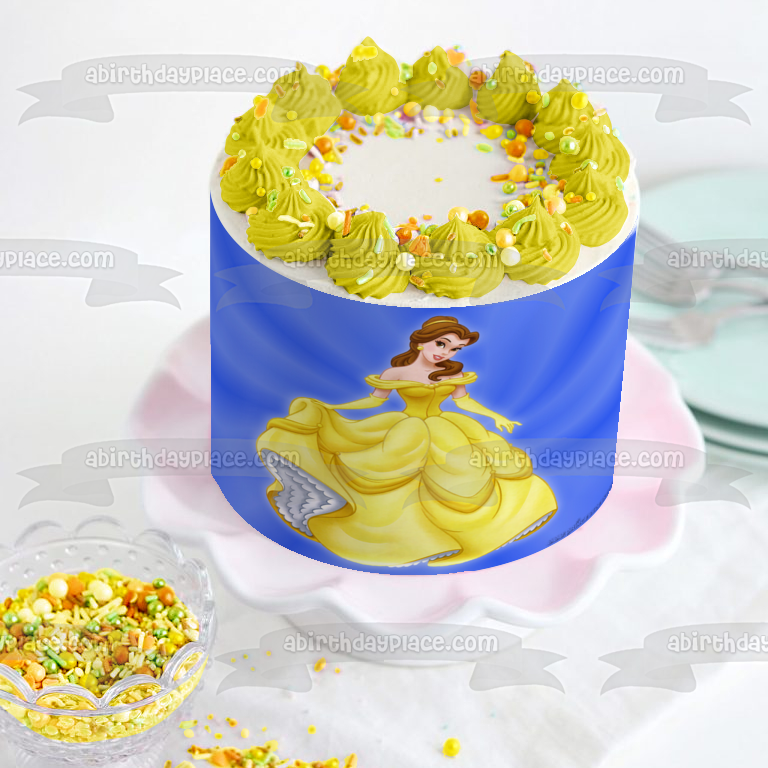 Imagen de decoración comestible para tarta con fondo azul de Bella y la Bestia de Disney, ABPID09114 