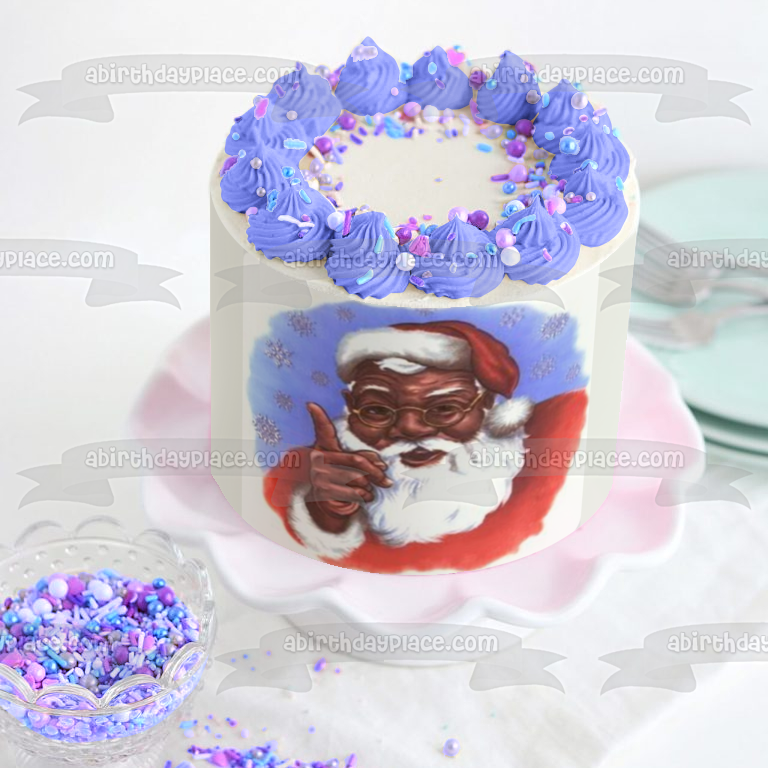 Black Santa Christmas Snowflakes Blue Background Edible Cake Topper Image ABPID09386