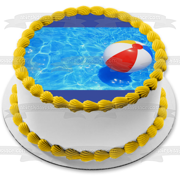 Rojo Amarillo Azul Blanco Pelota de Playa Flotando en la Piscina Imagen comestible para tarta ABPID09398 