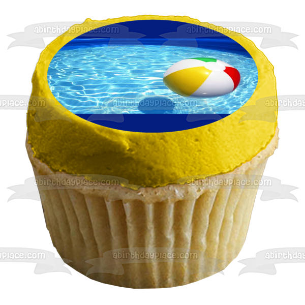 Adorno comestible para tarta con pelota de playa y piscina al aire libre, imagen ABPID09462 