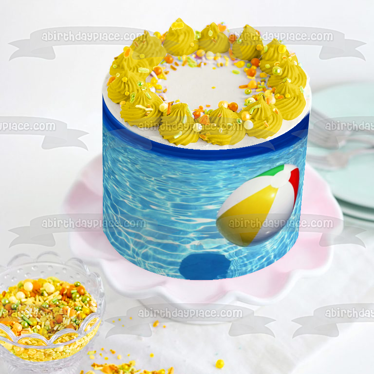 Adorno comestible para tarta con pelota de playa y piscina al aire libre, imagen ABPID09462 