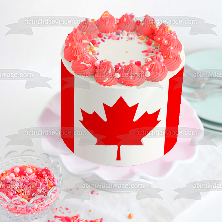 Imagen de decoración comestible para tarta con hoja de arce roja y blanca de la bandera canadiense ABPID09140 