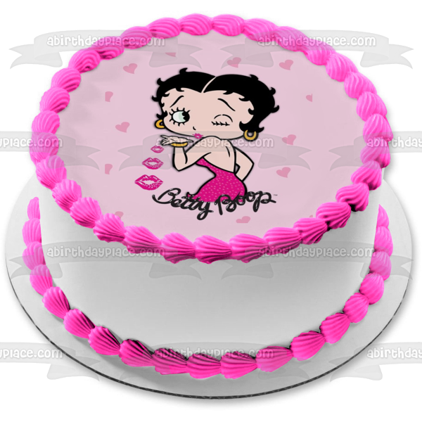 Betty Boop Blowing Kisses Pink Hearts Background Edible Cake Topper Image ABPID09477