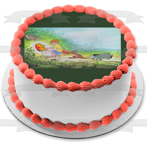 Disney Winnie the Pooh Christopher Robin Kanga Eeyore Pulling Stuck Pooh from Rabbit's House Edible Cake Topper Image ABPID09148