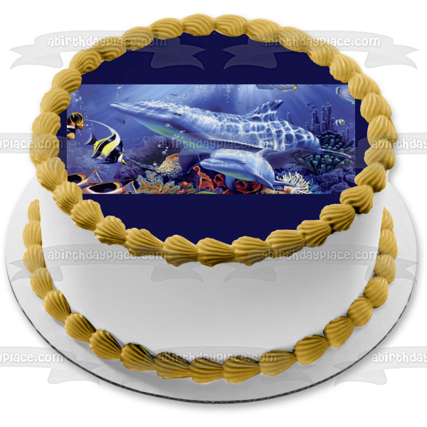 Decoración comestible para tarta con delfines nadando bajo el mar, imagen ABPID09152 