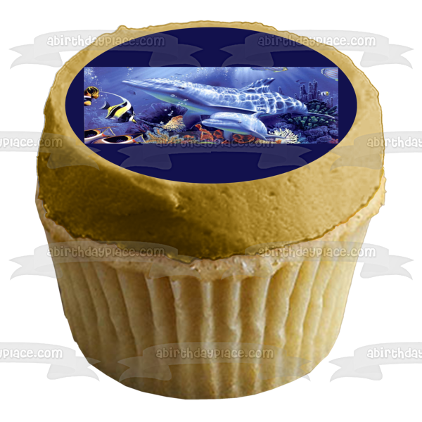 Decoración comestible para tarta con delfines nadando bajo el mar, imagen ABPID09152 