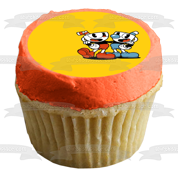 Imagen comestible para decoración de tarta con fondo amarillo de Cuphead y Mugman ABPID50305 