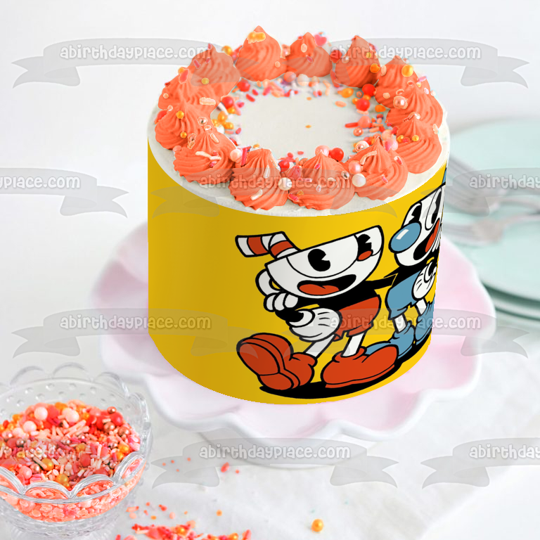 Imagen comestible para decoración de tarta con fondo amarillo de Cuphead y Mugman ABPID50305 