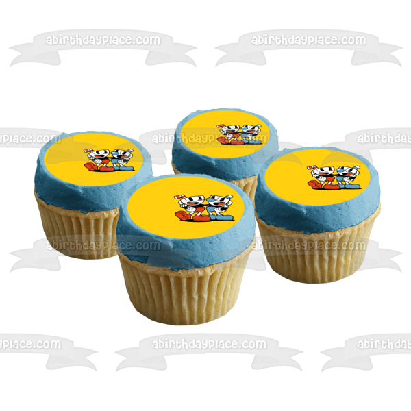 Imagen comestible para decoración de tarta con fondo amarillo de Cuphead y Mugman ABPID50305 