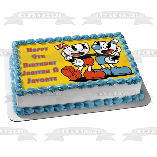 Imagen comestible para decoración de tarta con fondo amarillo de Cuphead y Mugman ABPID50305 