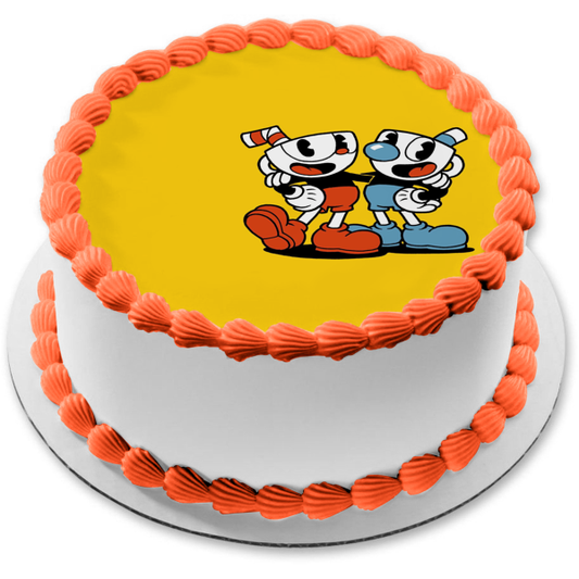 Imagen comestible para decoración de tarta con fondo amarillo de Cuphead y Mugman ABPID50305 