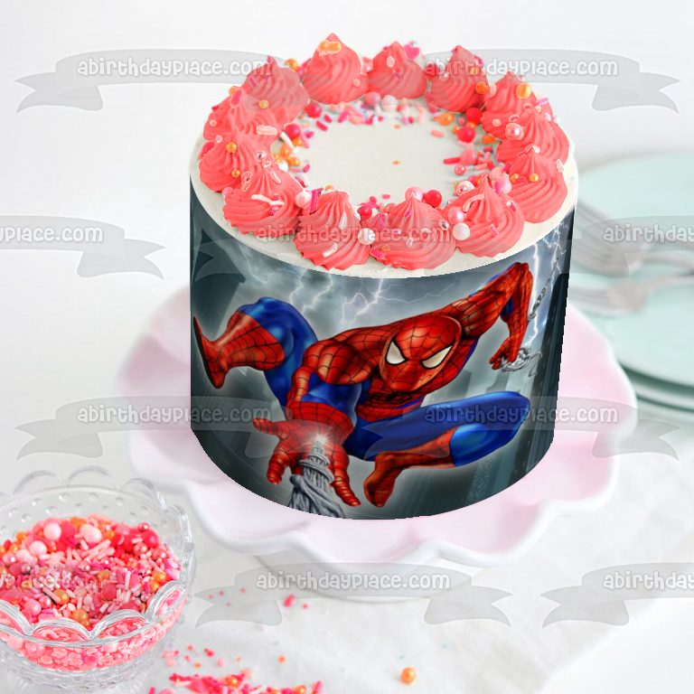 Spider-Man Marvel Comics Disparos Webs Balanceándose Imagen comestible para decoración de tarta ABPID09206 