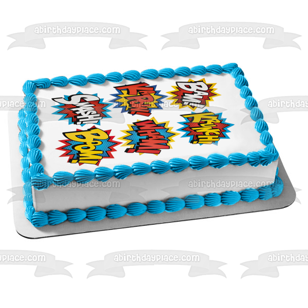 Comic Book Bubbles Bam Krunch Kapow Wham Smash Boom Edible Cake Topper Image ABPID09853