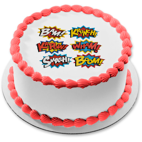 Comic Book Bubbles Bam Krunch Kapow Wham Smash Boom Edible Cake Topper Image ABPID09853