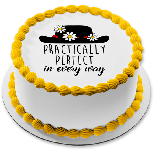 Practically Perfect In Every Way Black Hat with Flowers Edible Cake Topper Image ABPID10096