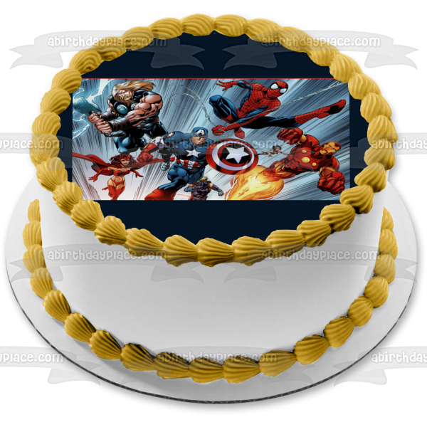 Marvel Comics The Avengers Captain America Iron Man Thor Spider-Man Rushing Into Battle Edible Cake Topper Image ABPID09266