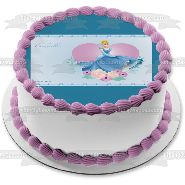 Adorno comestible para tarta con diseño de princesa Cenicienta de Disney, vestido azul, flor y corazón, imagen ABPID09287 