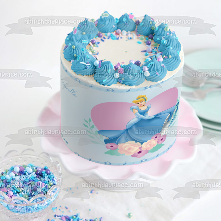 Adorno comestible para tarta con diseño de princesa Cenicienta de Disney, vestido azul, flor y corazón, imagen ABPID09287 