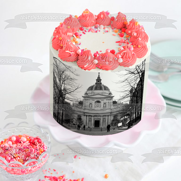 Sorbonne Paris France Black and White Photo Edible Cake Topper Image ABPID10407