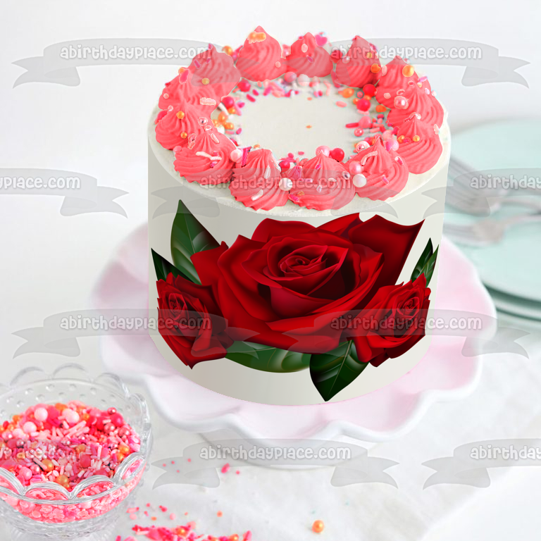 Imagen comestible para decoración de tarta con hojas de rosas rojas ABPID10958 