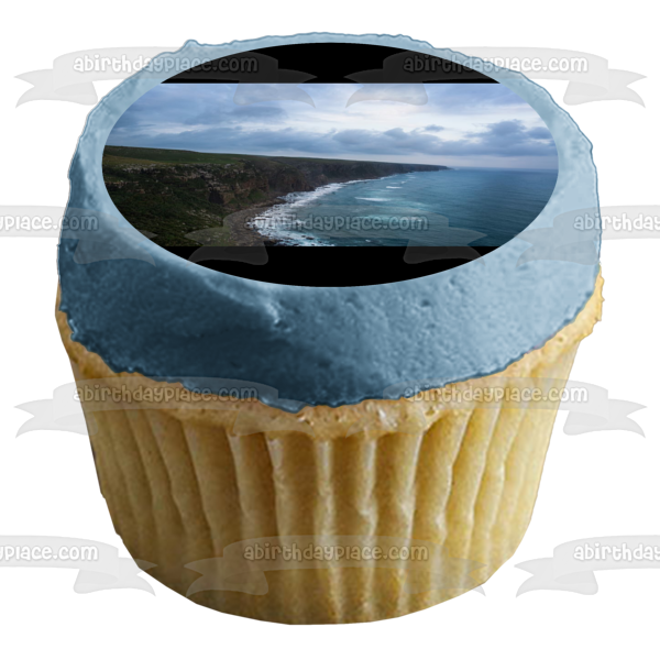 Ocean Scenery Green Mountains Blue Sky Edible Cake Topper Image ABPID10814