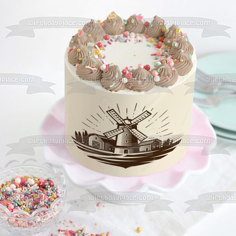 Decoración comestible para tarta con árboles de molino de viento de graneros de granja, imagen ABPID10865 