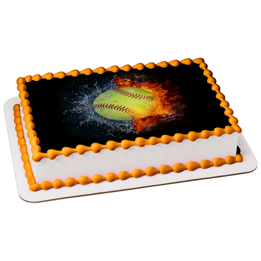 Imagen de decoración comestible para tarta de deportes abstractos con salpicaduras de agua y fuego de softbol ABPID55682 