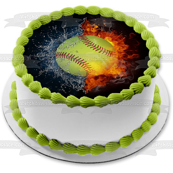 Imagen de decoración comestible para tarta de deportes abstractos con salpicaduras de agua y fuego de softbol ABPID55682 