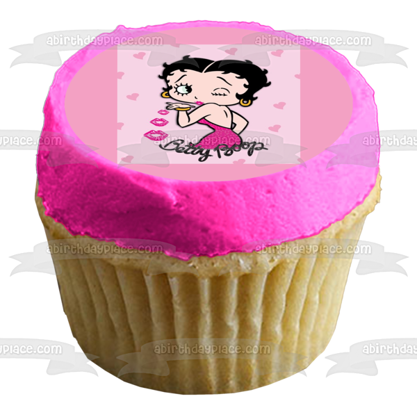 Betty Boop soplando un beso Fondo de corazones rosados ​​Imagen de decoración comestible para pastel ABPID11078 