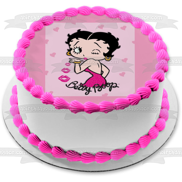 Betty Boop soplando un beso Fondo de corazones rosados ​​Imagen de decoración comestible para pastel ABPID11078 