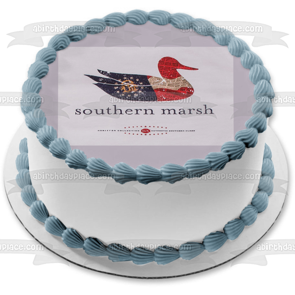 Logotipo de la colección Southern Marsh, fondo azul, adorno comestible para tarta, imagen ABPID11340 