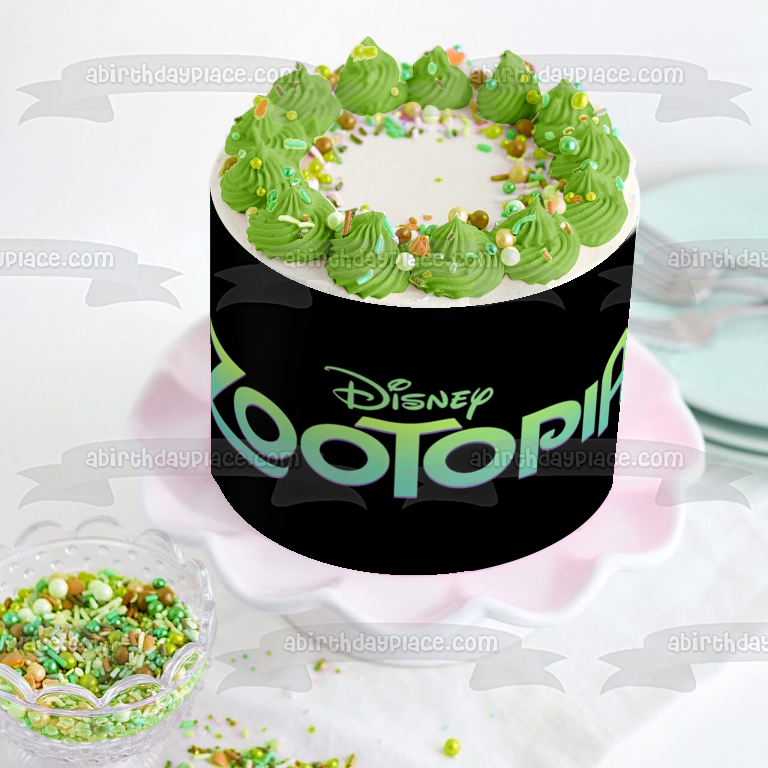 Imagen comestible para decoración de tarta con logotipo verde de Disney Zootopia, fondo negro, ABPID11373 