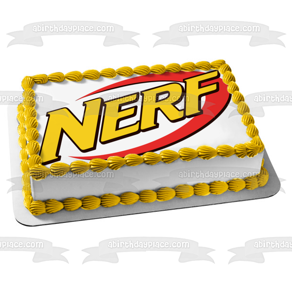 Imagen comestible para decoración de tarta con logotipo de NERF, color amarillo y naranja, ABPID11377 