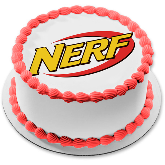 Imagen comestible para decoración de tarta con logotipo de NERF, color amarillo y naranja, ABPID11377 