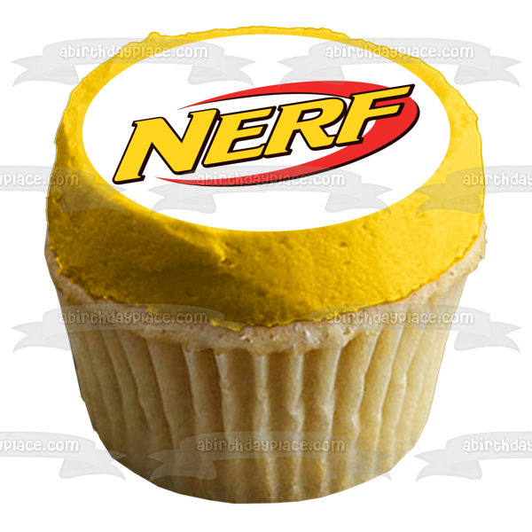 Imagen comestible para decoración de tarta con logotipo de NERF, color amarillo y naranja, ABPID11377 