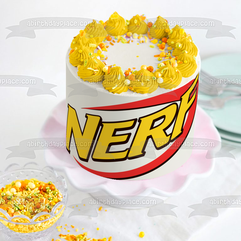 Imagen comestible para decoración de tarta con logotipo de NERF, color amarillo y naranja, ABPID11377 