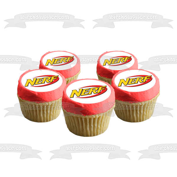 Imagen comestible para decoración de tarta con logotipo de NERF, color amarillo y naranja, ABPID11377 