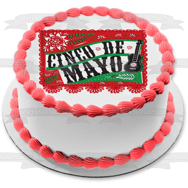 Cinco De Mayo Flag Black Guitar Red and Green Edible Cake Topper Image ABPID11380