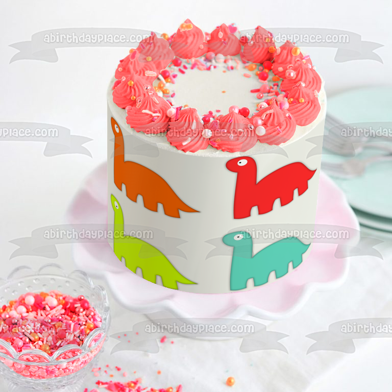 Imagen de decoración comestible para tarta con dinosaurios de dibujos animados, color naranja, rojo, amarillo y azul, ABPID11424 