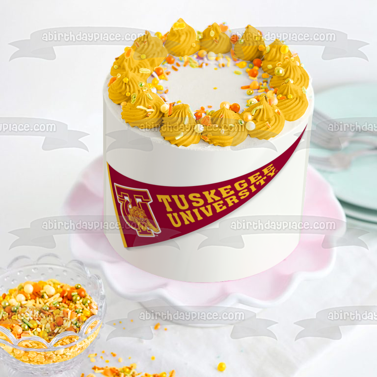 Imagen comestible para decoración de tarta con banderín con el logotipo de los Tigres Dorados de la Universidad de Tuskegee ABPID55703 