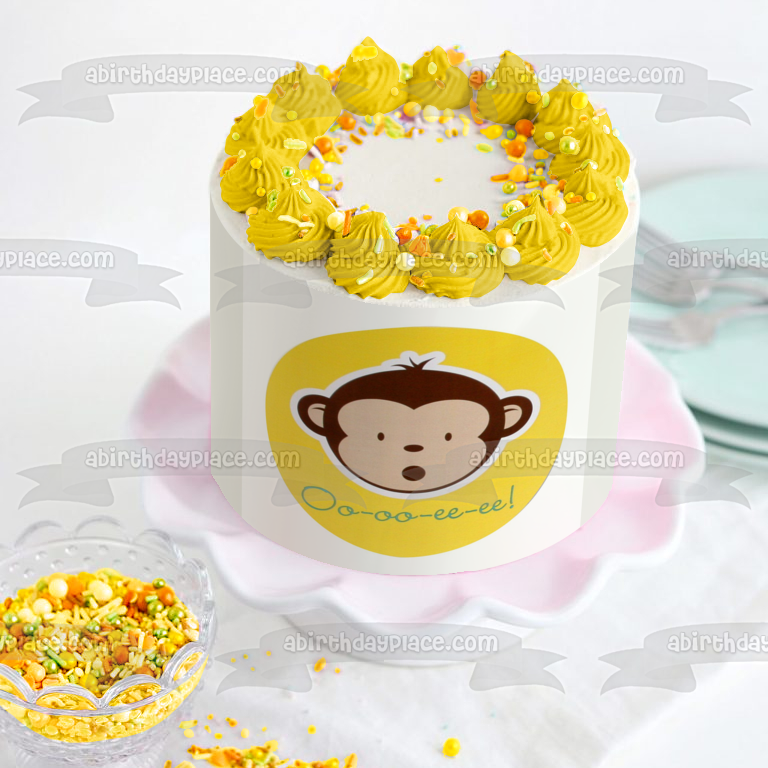 Cartoon Monkey Oo-Oo-Ee-Ee Yellow Background Edible Cake Topper Image ABPID11500