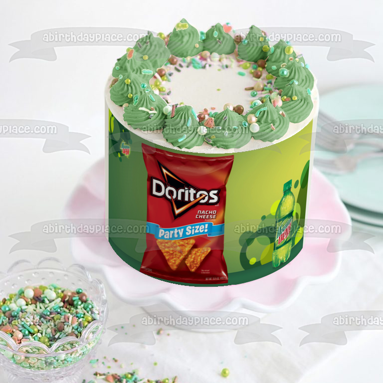 Imagen de adorno comestible para pastel con bolsa de Doritos y botella de Mountain Dew ABPID11548 