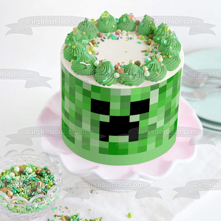 Decoración comestible para tarta con cara de enredadera de Minecraft, color verde, imagen ABPID27364 