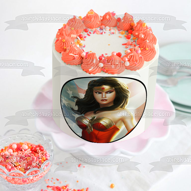 DC Comics Wonder Woman Liga de la Justicia Bandera Americana ondeando decoración comestible para tarta imagen ABPID11817 