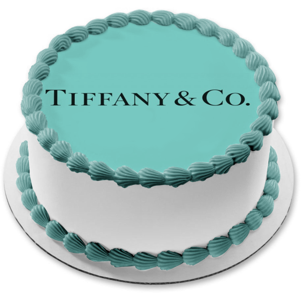 Logotipos de la tienda de joyería Tiffany &amp; Co. Fondo azul Imagen comestible para decoración de tarta ABPID11407 