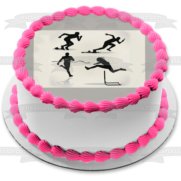 Imagen de decoración comestible para tarta con siluetas de obstáculos de línea de meta de corredor de pista y campo ABPID55673 