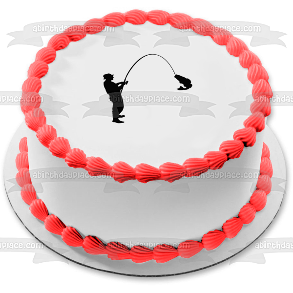 Fishing Fisherman with Fish on the Line Silhouette Edible Cake