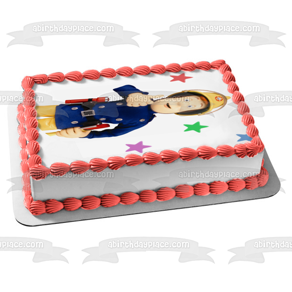 Fireman Sam Thumbs Up Stars Background Edible Cake Topper Image ABPID12053